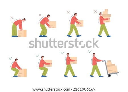 Correct back posture when lifting heavy loads, boxes, a set of vector flat illustrations on white background. Heavy weight of the box is carried by woman correctly, incorrectly.