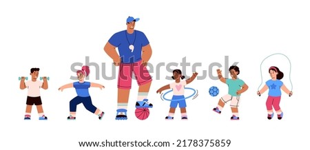 Teacher conducts a physical education lesson, vector flat illustration on a white background. Children train, play sports, do exercises. Physical education lesson for children's health