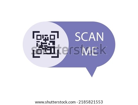 Purple sticker with QR code and scan me text in shape of message flat style, vector illustration isolated on white background. Modern technologies for smartphone