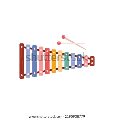 Xylophone musical instrument with colorful bars and two percussion mallets, cartoon flat vector illustration isolated on white background. Percussion musical instrument.