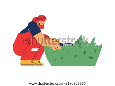 Tree trimming and landscape service employee pruning shrubs with scissors, flat cartoon vector illustration isolated on white background. Plants care and gardening works.