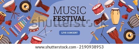 Music festival horizontal web banner, flat vector illustration. Advertising flyer with percussion ethnic musical instruments - gong, xylophone, drums, tam-tam and hi-hat. Orchestra concert