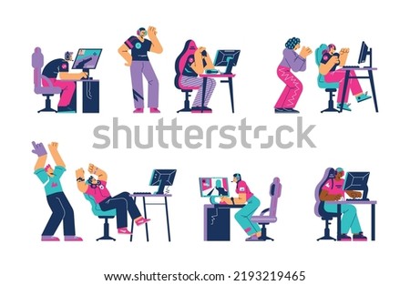 Electronic sports competition participants or cyber sportsmen characters. Esport game streaming gamers, flat cartoon vector illustration isolated on white background.
