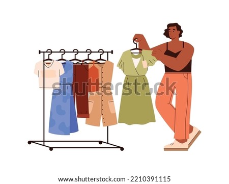 Woman taking off dress from a hanger rack, flat vector illustration isolated on white background. Shop or flea market, garage sale buyer female character buying clothes.