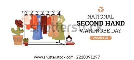 Website banner about national wardrobe day flat style, vector illustration isolated on white background. Second hand, hanger with clothes, recycling and reuse