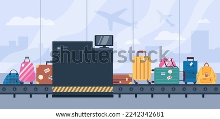 Airport security control point for passengers luggage, flat vector illustration. Banner with airport baggage conveyor belt in terminal on security check.