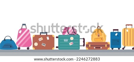 Baggage on conveyor belt in airport terminal, flat vector illustration isolated on white background. Passenger baggage check-in and flight security check.