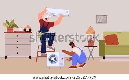 Men working as air conditioner service, repairing and installing AC at home, flat vector illustration. Professional air conditioning technician working.