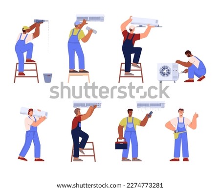 Air conditioner service technician working, set of flat vector illustrations isolated on white background. Cooling system repair, cleaning, maintenance and installation.