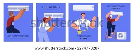Air conditioner maintenance service advertising banners set, flat vector illustration. Technician man installing, cleaning and repairing air conditioning.