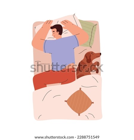 Top view on bed with man and dog sleep in the same bed, flat vector illustration isolated on white background. Night rest and healthy sleeping concept.