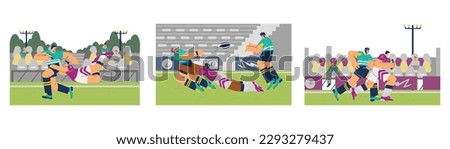 Men playing rugby on the field, set of scenes - flat vector illustration. Young players of American football. Rugby team throwing ball over the field. Characters running and falling during game.