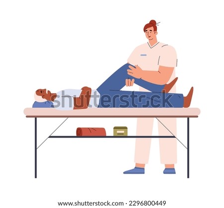 Aged man getting knee massage flat style, vector illustration isolated on white background. Professional massage therapist, medicine and treatment, decorative design element