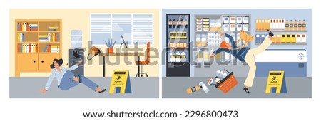 Accidents and fall on wet floor banners set, flat cartoon vector illustration. Collection of banners with people falling on wet floor in office and supermarket.