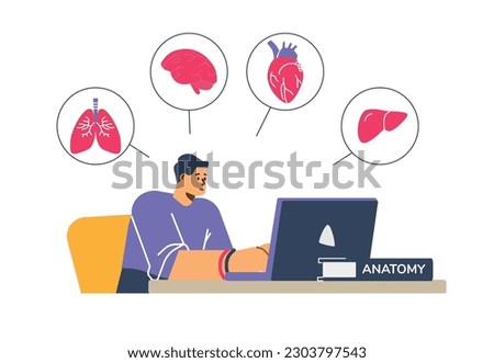 Medical student studying medicine online or taking part in webinar or seminar sitting at laptop, flat cartoon vector illustration isolated on white background.