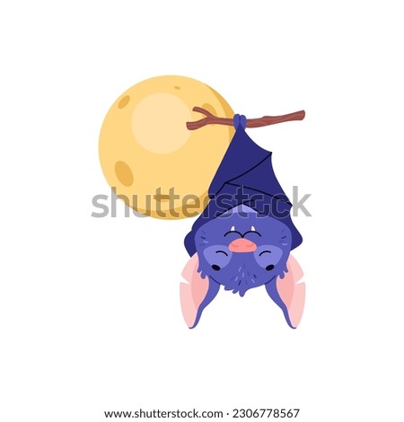 Cute and funny bat hanging upside down on branch, cartoon flat vector illustration isolated on white background. Full moon and creepy animal. Bat sleeping on tree branch. Halloween character.