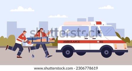 Paramedics rushing to ambulance car with patient on stretcher - flat vector illustration. Emergency team rescuing injured person. Medical emergency service. Healthcare concept.