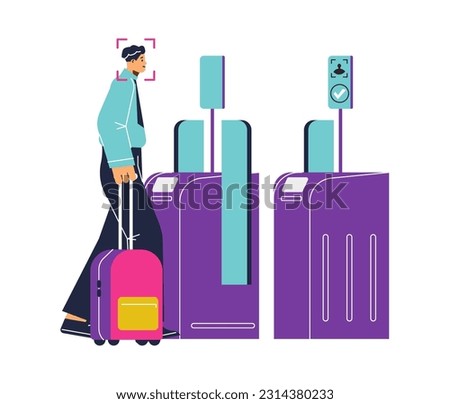 Smiling man with suitcase passes through turnstile use facial scanner flat style, vector illustration isolated on white background. Safety and control, biometrics, modern technologies