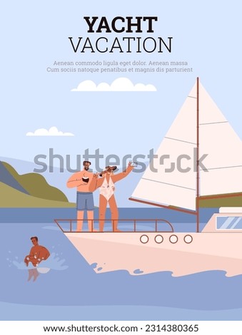 Happy people enjoying yacht vacation, jumping off boat, drinking cocktails, poster with text, flat vector illustration. Sailboat rental or lease, adverting banner. Summer adventure on ship.