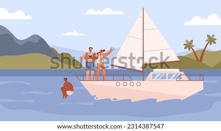 Happy people relaxing on yacht or sailboat, sea landscape - flat vector illustration. Diverse characters taking selfie on ship, drinking coconut water, jumping off boat. Summer vacation adventure.