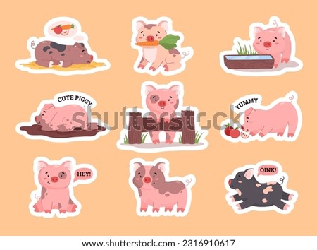 Set of stickers with funny pigs flat style, vector illustration isolated on peach background. Farm animals in various poses, smiling characters, decorative design elements collection