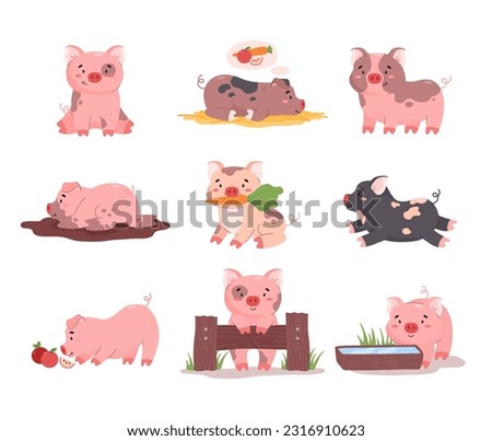 Set of cute funny pigs in various poses flat style, vector illustration isolated on white background. Smiling characters, pink farm animals, decorative design elements collection