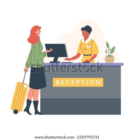 Woman with a suitcase near the hotel reception, talking to the front desk administrator. Arrived or left the hostel. Online booking apartment. Vector illustration isolated on white background