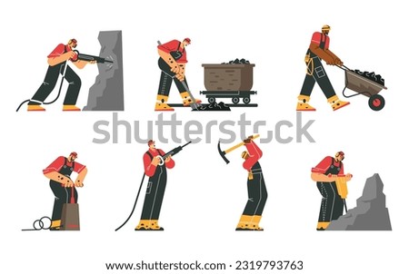 Set of mine industry workers, flat vector illustration isolated on white background. Collection of miners working underground using professional tools - dynamite, wheelbarrow, pickaxe and shovel.