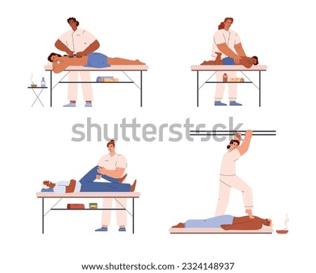 Set of people getting massage flat style, vector illustration isolated on white background. Massage therapist profession, design elements collection, kids and adults, healthcare