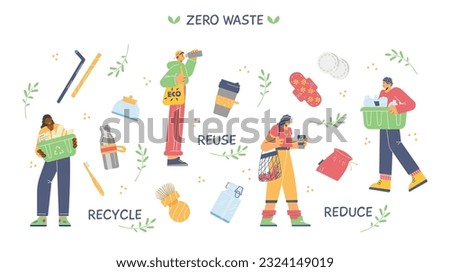 Set of people zero waste lifestyle flat style, vector illustration isolated on white background. Reusable items, recycle and reduce, eco friendly characters, decorative design elements collection