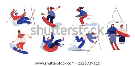 Set of people go skiing and snowboarding at winter resort, flat vector illustration isolated on white background. Happy man riding downhill on tubing. People sitting on chairlift. Winter vacation.