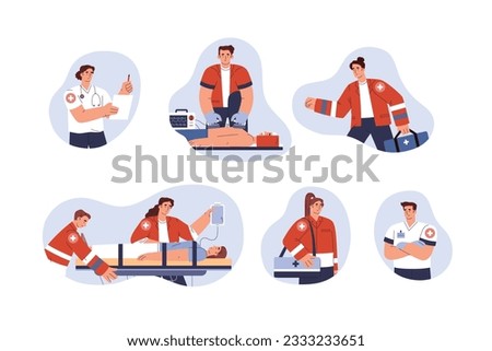 Paramedics provide emergency medical care, set of flat vector illustrations isolated on white background. Ambulance crew medicals cartoon characters collection.