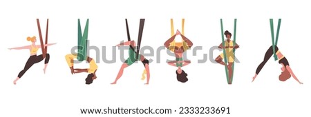 Women practice flying or anti-gravity yoga, flat cartoon vector illustration isolated on white background. Aerial fitness gymnastic or yoga female characters set.