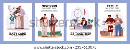 Diverse people taking care of babies, set of posters - flat vector illustration. Happy family with newborn child. Mother and father nursing baby, carrying in sling and changing diapers.