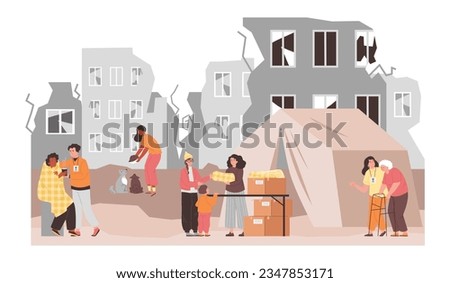 Volunteers helping people after house destruction, flat vector illustration isolated on white background. Volunteers give humanitarian aid to people affected by earthquake or shelling.