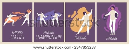 Posters Set with various poses in Fencing classes, championship. Vector fencing players training against of traffic spots. Athlete men art figures in white suits and protective equipment with a rapier