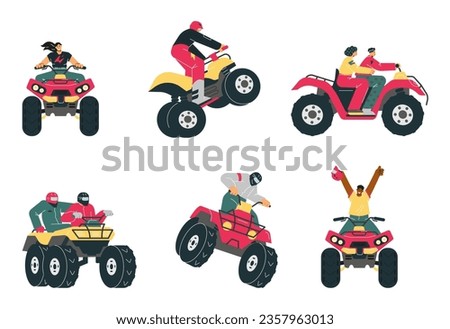 Vector isolated illustrations set with red Quad bike with racing people. ATV, all-terrain vehicle, four-wheeled motorcycle transportation. Extreme sport and entertainment, outdoor adventure concept