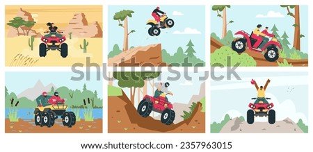Vector illustrations set with red quad bike with man and woman in helmet off-road driving in the forest, desert, swamp, mountains. ATV, extreme sport and entertainment, outdoor adventure