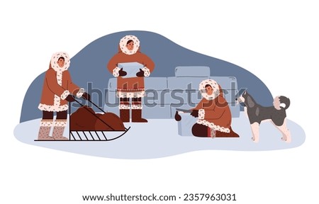 North Arctic people in traditional Eskimos clothing. Build igloo, fluffy Husky dog. Sleigh with sled. Culture and life at the north pole, Antarctica, Siberia, Alaska cartoon vector illustration