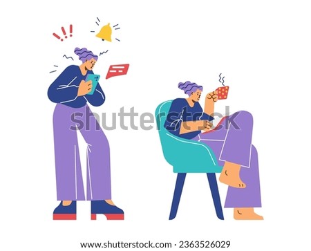Stressed woman with phone and relaxed with book, flat vector illustration isolated on white background. Fomo and jomo concepts. Fear of missing out. Happy person reading book.