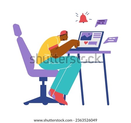 Young black man tension sitting in laptop. FOMO fear of missing out vector illustration concept. Psychological syndrome leading to personal discomfort. Phenomenon of social addiction to gadgets.