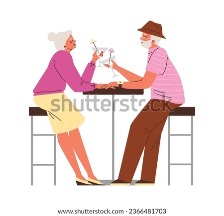 Enamored old couple at restaurant table drink cocktail. Happily spend time together in honeymoon. Romantic grandparents day vector cartoon illustration for lovely design isolated on white