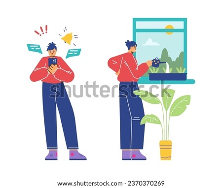 Person is taking care of flowers while another is addicted to the phone. FOMO fear of missing out. JOMO joy of missing out. Psychological positive or negative lifestyle vector illustration