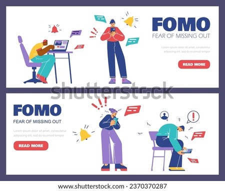 Set of website banner templates about FOMO syndrome flat style, vector illustration isolated on purple background. Decorative designs collection, emotional people