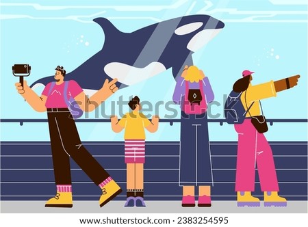 People in oceanarium watching whale and making photos. Visitors stand in front of aquarium and look at fish. Flat vector illustration for poster, banner, ad.