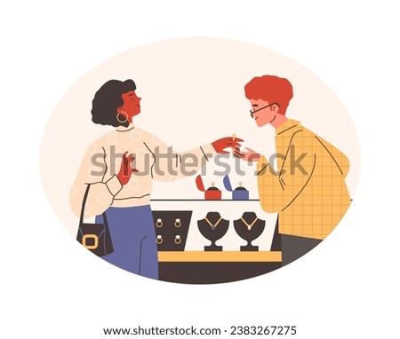 Couple choosing wedding ring in jewelry store, flat cartoon vector illustration isolated on white background. Man in jewelry shop buying gift for his girlfriend.
