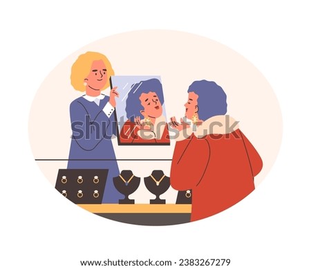Woman in jewelry store trying on earrings with the help of friendly assistant, flat cartoon vector illustration isolated on white background. Buying gold jewelry