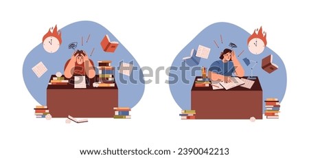 Hard exam preparation with textbooks pile. Scared students in panic prepare school or college test. Stress exams hurry studying. Deadline knowledge education vector cartoon illustration, burning hours