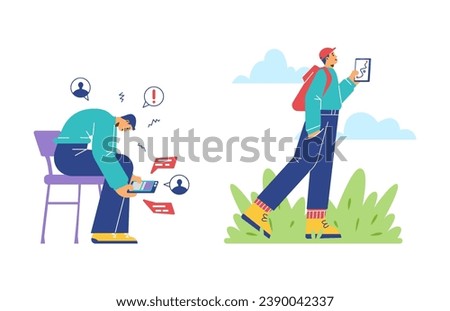 Set of young men with FOMO syndrome flat style, vector illustration isolated on white background. Decorative design elements collection, boy using navigator, chats on tablet
