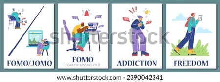 FOMO or Fear of missing out and JOMO Joy of Missing Out banners or posters set, flat vector illustration. Banners or posters on concept of communication behaviour.